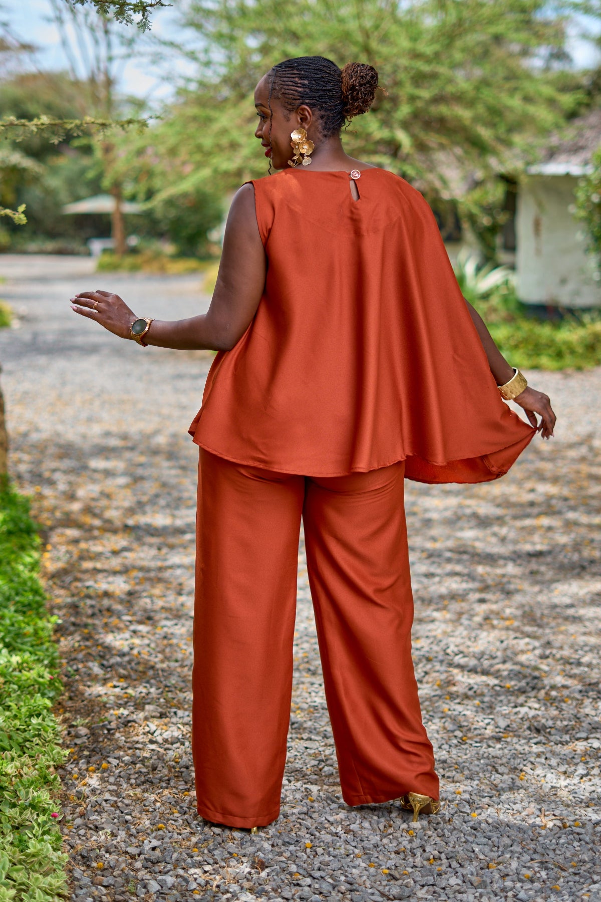 Kakiba Kora Rust Brown Palazzo Pants and Kora Cape Top