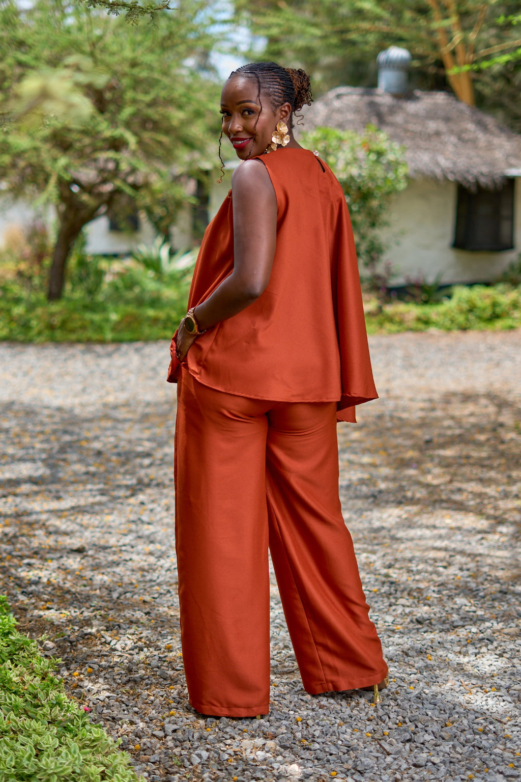 Kakiba Kora Rust Brown Palazzo Pants and Kora Cape Top