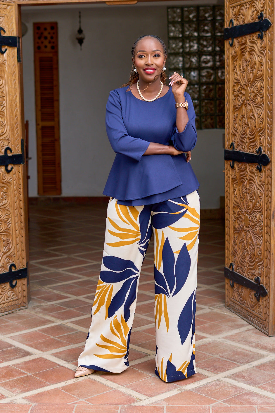 Kakiba Botanica Mustard Palazzo Pants and Navy Peplum Top