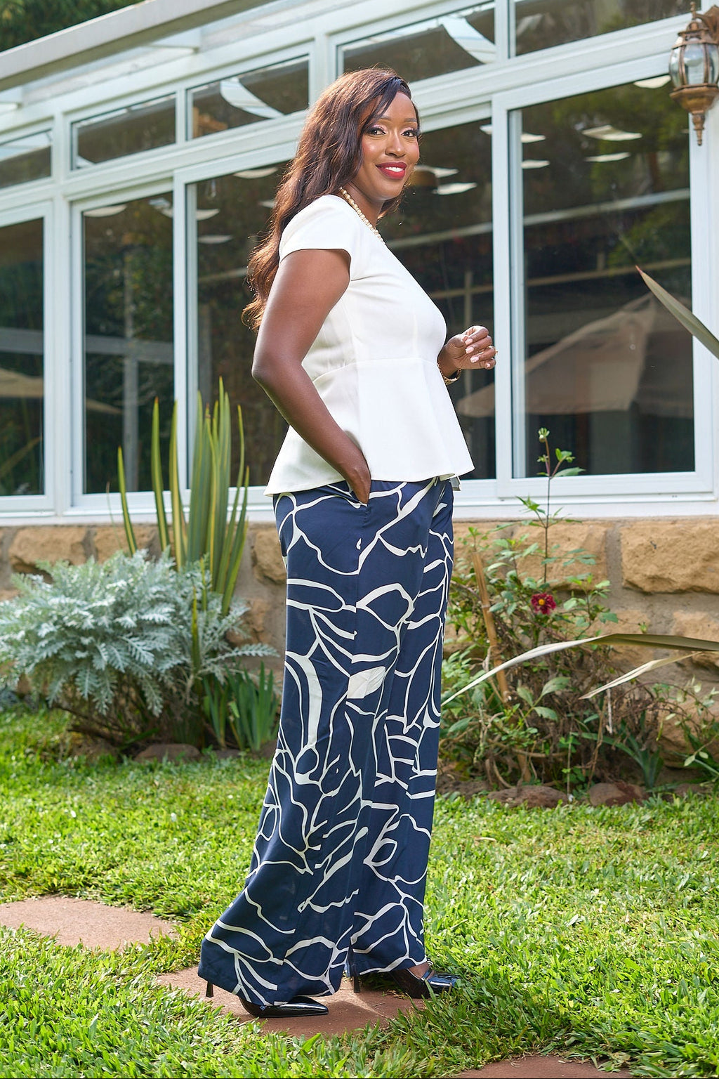 Chic Navy Blue Palazzos and White Blouse